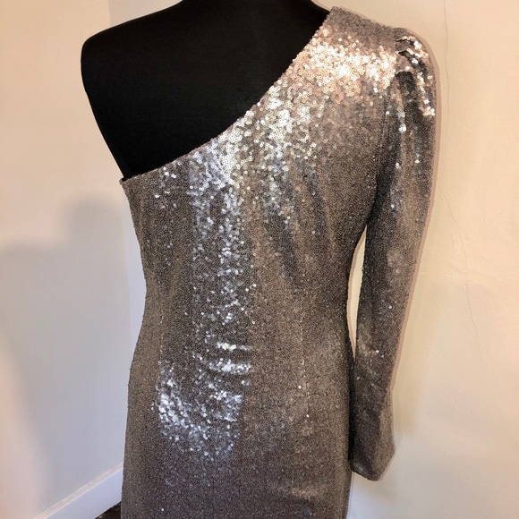 NWT Silver Sequin One Shoulder Mini Dress HOT! - Picture 4 of 6